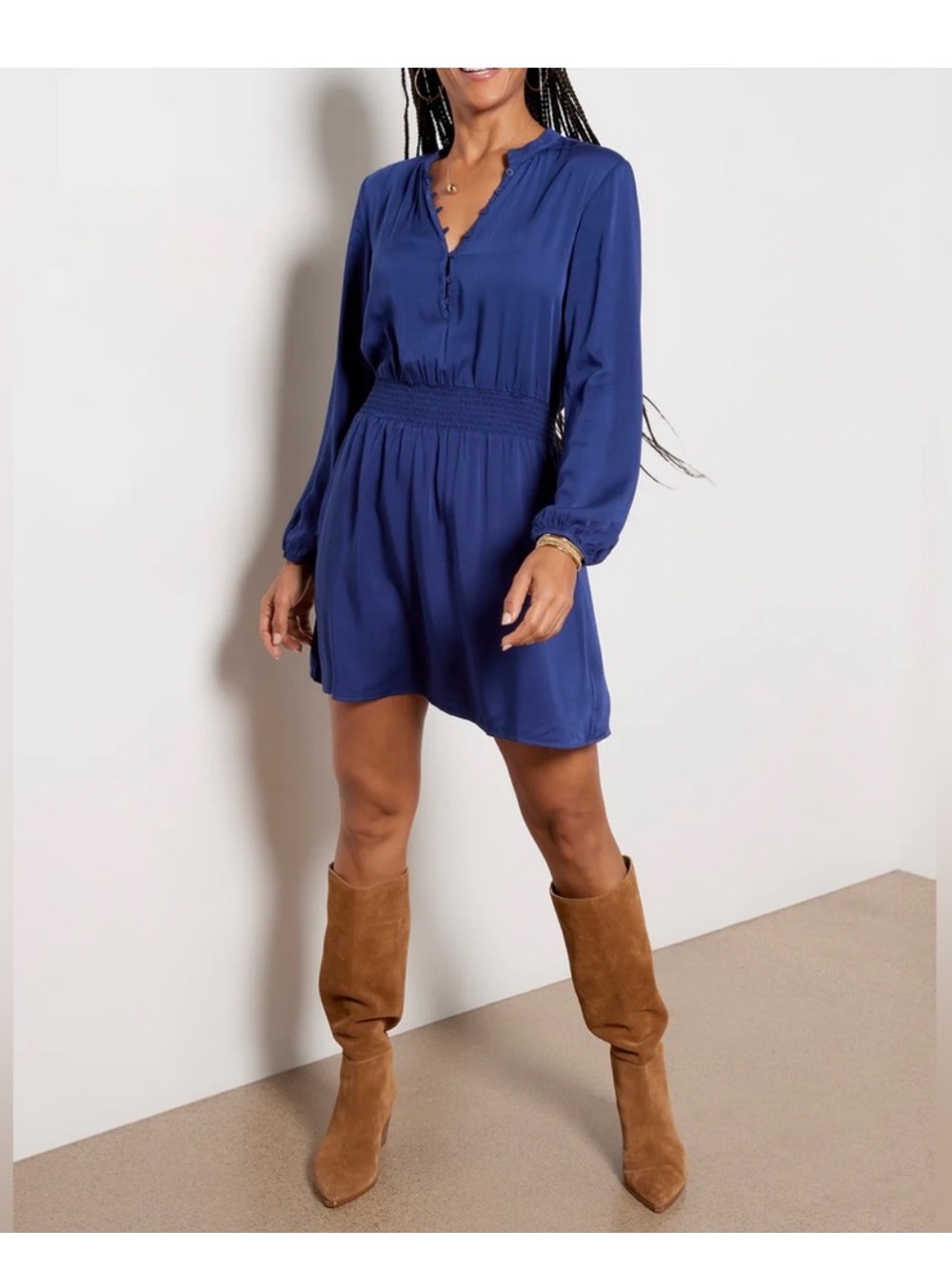Bella Dahl Half Placket Smocked Blue Mini Dress 100% Ecovero Viscose Medium